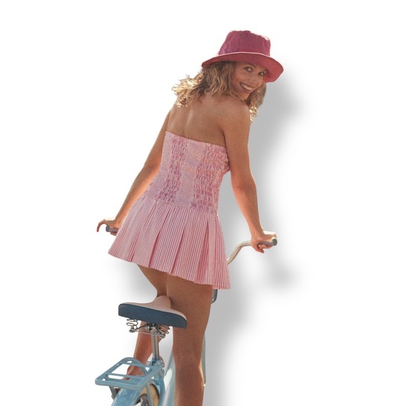 Anthropologie Celandine Strapless Drop-Waist Mini Romper Stripe Tube Medium Pink - Picture 7 of 8